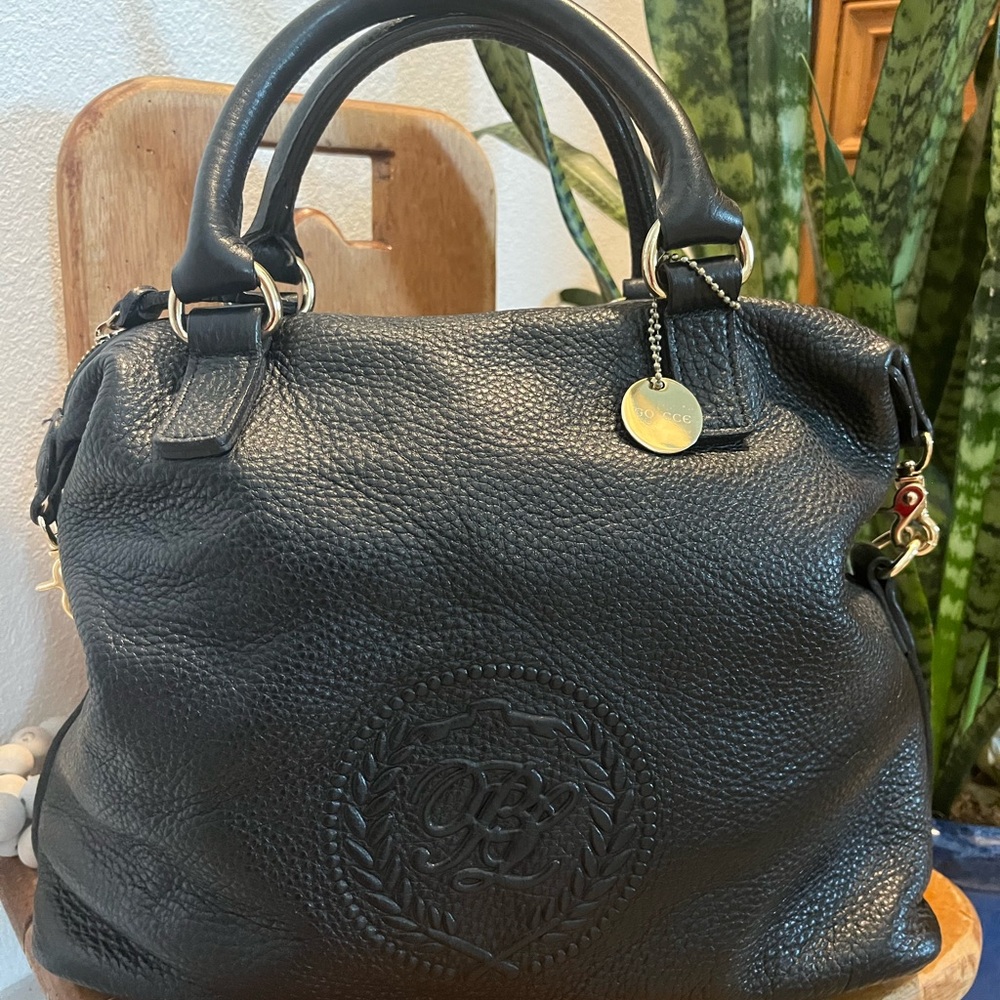 Black Vegan Leather Satchel with Structured Design and Gold Hardware